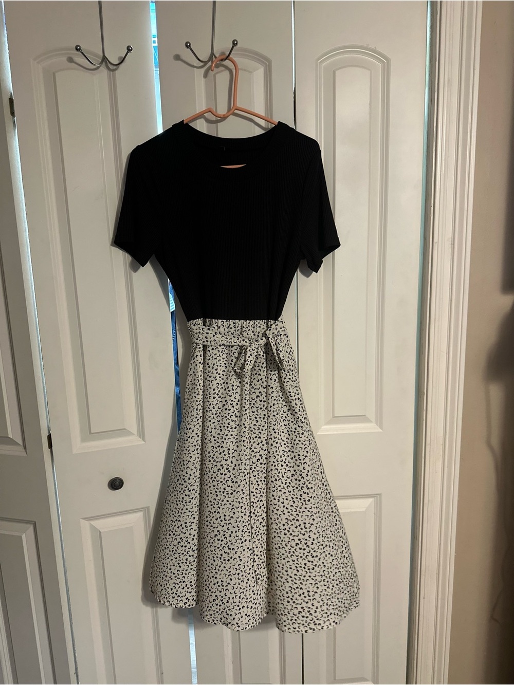 Black Top with White Speckled Midi Skirt